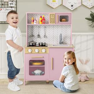 Costway Set da cucina per bambini in legno con luci e accessori pratici, Gioco educativo per bambini 3+ anni Rosa
