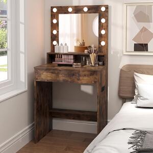 Costway Scrivania vanity con specchio e luci, Tavolo da trucco con 3 modalità di illuminazione e luminosità regolabile Marrone