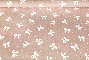 Tessuto decorativo al metro - fiocchi su sfondo rosa, al. 140 cm