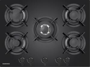 Daewoo Piano Cottura 5 Fuochi a Gas Larghezza 70 cm (1 Bruciatore Wok) in Vetro colore Nero - H7G51H3IT