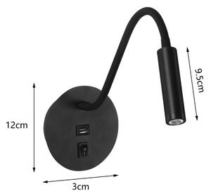 Brilagi - LED Lampada flessibile da muro con porta USB MAYA LED/3W/230V nero