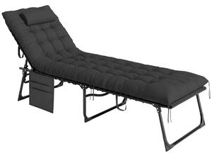 Outsunny Lettino Prendisole Pieghevole con Cuscino, Poggiatesta e Tasca Laterale, 58x189x32.5 cm, Nero | Aosom Italy