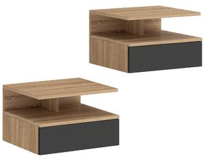Set di 2 Comodini Sospesi 35x32x22,5 cm con Cassetto e Mensola Aperta in Legno Nero e Rovere