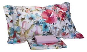 Completo Lenzuola In Percalle Acquerello Di Fiori Matrimoniale - 250X290 175X205 + 2 Federe 50X80 Emporium Floreale Rosso Caleffi