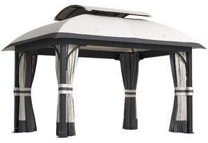 Outsunny Gazebo da Esterno 4x3 m con Zanzariere e Doppio Tetto, in Metallo e Poliestere, Grigio Chiaro|Aosom