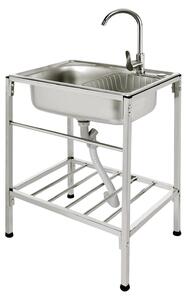 Lavello a colonna singola - Vasca singola - Acciaio inossidabile - Con rubinetto per acqua calda e fredda - Foro per dispenser di sapone - Kit di collegamento completo - Adatto per cucina e lavanderia - Argento