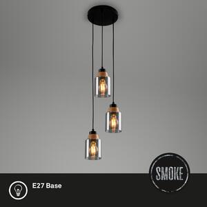 Lampada a sospensione, con legno, vetro fumé, 3xE27/max