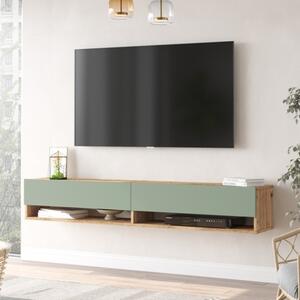 Mobile Tv Sospeso 180x32x30 Effetto Legno Rovere E Verde Con Vani Frame - LBSIGN