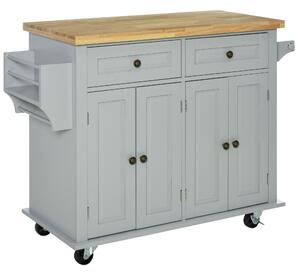 HOMCOM Carrello da Cucina con 2 Cassetti e 2 Armadietti, Piano in Legno, Portaspezie e Porta Canovacci, Grigio