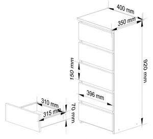 Cassettiera Moderna 40x35x92 Cm 5 Cassetti Bianco Opaco Artika