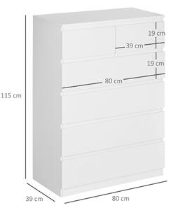 HOMCOM Cassettiera 6 Cassetti con Design Antiribaltamento, in Truciolato, 80x39x115 cm, Bianco
