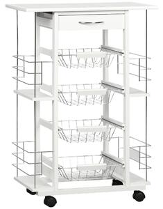 HOMCOM Carrello da Cucina con Cassetto, 4 Cesti e 4 Ripiani, in Metallo, Ceramica e Legno, 57x37x83 cm, Bianco