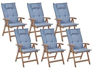 Set di 6 sedie da giardino in legno di acacia scuro naturale regolabili e pieghevoli per esterni con braccioli in stile rustico con cuscini blu Beliani