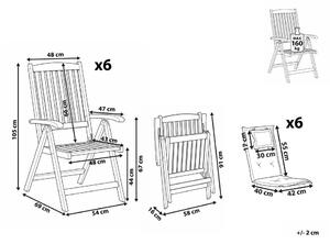 Set di 6 sedie da giardino in legno di acacia scuro naturale regolabili e pieghevoli per esterni con braccioli in stile rustico con cuscini bianco sporco Beliani