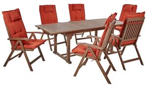 Set da giardino con 6 sedie in legno di acacia marrone scuro con schienale regolabile pieghevole in stile rustico con cuscini rossi Beliani