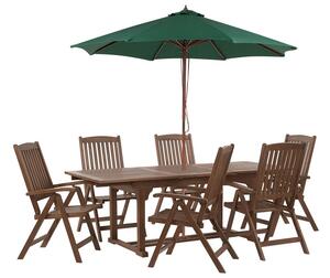 Set da giardino con 6 sedie in legno di acacia marrone scuro con schienale regolabile pieghevole in stile rustico con ombrellone verde Beliani