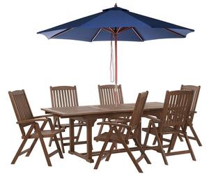 Set da giardino con 6 sedie in legno di acacia marrone scuro con schienale regolabile pieghevole in stile rustico con ombrellone blu Beliani