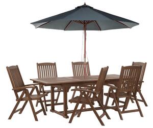 Set da giardino con 6 sedie in legno di acacia marrone scuro con schienale regolabile pieghevole in stile rustico con ombrellone grigio Beliani