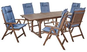 Set da giardino con 6 sedie in legno di acacia marrone scuro con schienale regolabile pieghevole in stile rustico con cuscini blu Beliani
