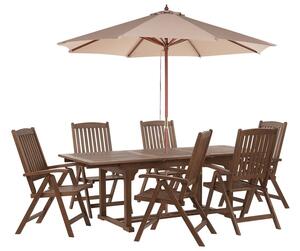 Set da giardino con 6 sedie in legno di acacia marrone scuro con schienale regolabile pieghevole in stile rustico con ombrellone sabbia Beliani