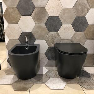 Coppia di Sanitari WC e Bidet a Terra Filo Muro in Ceramica 56.5x36.5x41 cm Round Nero