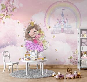 Carta da parati Principessa e unicorno sullo sfondo del castello con un arcobaleno, Carta da parati per Bambini, u95401 : Uwalls.it