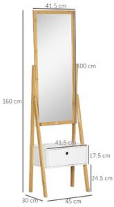 HOMCOM Specchio da Terra Multifunzione con Cassetto, Design Elegante in MDF e Bambù, Perfetto per Arredo Casa, 45x30x160 cm - Bianco e Legno