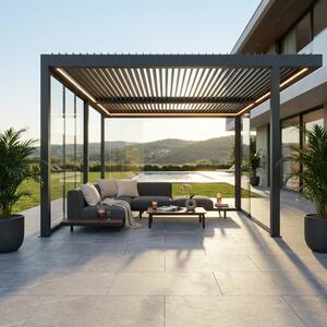 VivaGarden Laterale in Vetro per Pergola Bioclimatica con 4 Porte e Profilo Alluminio 4 m Colore Antracite