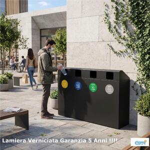 Pattumiera, Mobiletto per raccolta differenziata in acciaio | 4 scomparti da 240Lt Dimensioni 30x120xh 80 cm 4 scomparti da 240 litri totali 4 Etichette colore Antracite