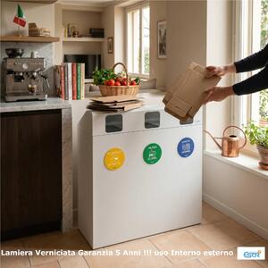 Pattumiera, Mobiletto per raccolta differenziata in acciaio 3 scomparti da 180L Dimensioni 30x90xh 100 cm 3 scomparti da 180 litri totali, 4 etichette colore Bianco