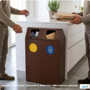 Pattumiera, Mobiletto per raccolta differenziata in acciaio 2 scomparti da 120L Dimensioni 30x60xh 96 cm 2 scomparti da 120 litri totali, 4 Etichette colore Corten