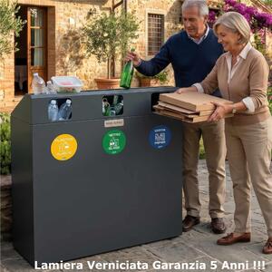 Pattumiera, Mobiletto per raccolta differenziata in acciaio 3 scomparti da 180L Dimensioni 30x90xh 100 cm 3 scomparti da 180 litri totali, 4 etichette colore Antracite