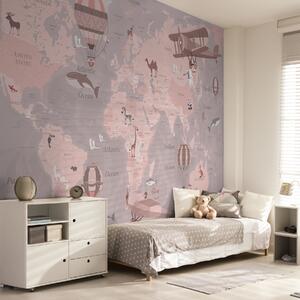 Carta da parati Mappa del mondo per bambini con animali in rosa, Carta da parati per Bambini, u36066v6 : Uwalls.it
