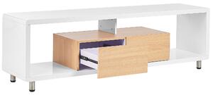Porta TV aperto con 2 cassetti di colore bianco e legno chiaro dallo stile minimalista e scandinavo Beliani