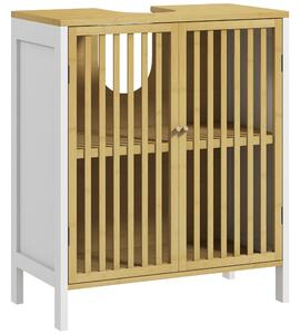 HOMCOM Mobile Sottolavabo Bagno con 2 Ante a Doghe in Legno di Bambù e MDF con Intaglio a U, 60x30x70cm, Bianco | Aosom Italy
