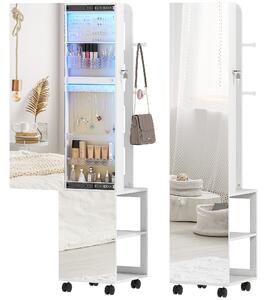HOMCOM Specchio Porta Gioielli con Luci LED Armadio per Gioielli a Giro di 360° Serratura e Chiavi Superficie Bianca e Rivestimento Beige | Aosom Italy