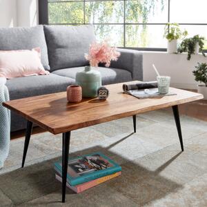 FineBuy Tavolino in legno massiccio di Sheesham rettangolare da 110 cm - Tavolino da salotto con bordo naturale e gambe in metallo - Realizzato a mano con design retrò