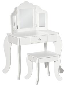 HOMCOM Tavolo da Trucco per Bambini con Sgabello e Triplo Specchio, in Legno e Acrilico, 63x40x85.5 cm, Bianco | Aosom Italy