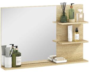 Kleankin Specchio Bagno Moderno con 2 Ripiani Laterali e Ripiano Inferiore, in Legno e Vetro, 75x10x48 cm, Color Legno | Aosom Italy