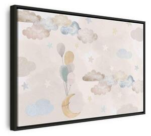 Quadro - Fairy-Tale Moon - Pastel Moon with Balloons Among Colorful Clouds and Stars in Subdued Colors on a Light Backgr