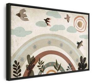 Quadro - Rainbow and Sun Above - Birds in Subdued Colors Flying Among Clouds Above a Rainbow and Various Plants on a Lig