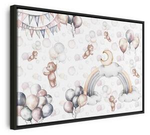 Quadro - Toy Bears with Balloons - Flying Plush Bears Among Balloons Clouds and Rainbows in Subtle Pastel Hues