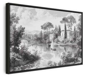 Quadro - Black and White Vintage Landscape Retro View of a Pond with a Boat
