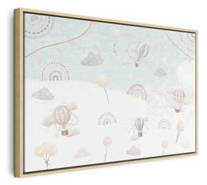 Quadro - Sky with Balloons - Balloons in Subdued Colors Flying in the Sky Among Clouds Rainbows and Stars