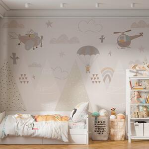 Carta da parati Montagne beige con elicottero, aereo e animali, Carta da parati per Bambini, Carta da parati Bebè per neonati, w00414 : Uwalls.it