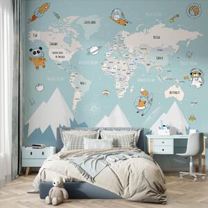 Carta da parati Mappa dei paesi del mondo con astronauti animali, Carta da parati per Bambini, w00066d1 : Uwalls.it