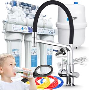 Rubinetto da cucina a 3 vie Flexible con sistema di filtrazione ad osmosi inversa RO7, filtrazione a 7 stadi, membrana da 75 GPD, doccetta estraibile, due tipi di getto