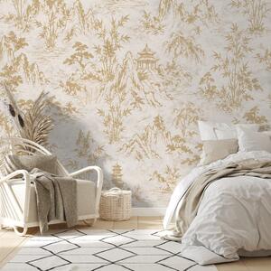 Carta da parati – Paesaggio orientale beige e oro con pagode