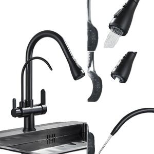 Rubinetto da cucina ad acqua filtrata, design a doppia maniglia, funzione spray estraibile, nero