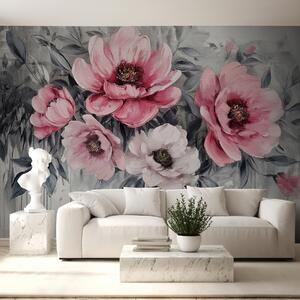 Carta da parati peonie floreali astratte acquerello rosa tenue e grigio, Carta da parati Acquerello, w07948 : Uwalls.it